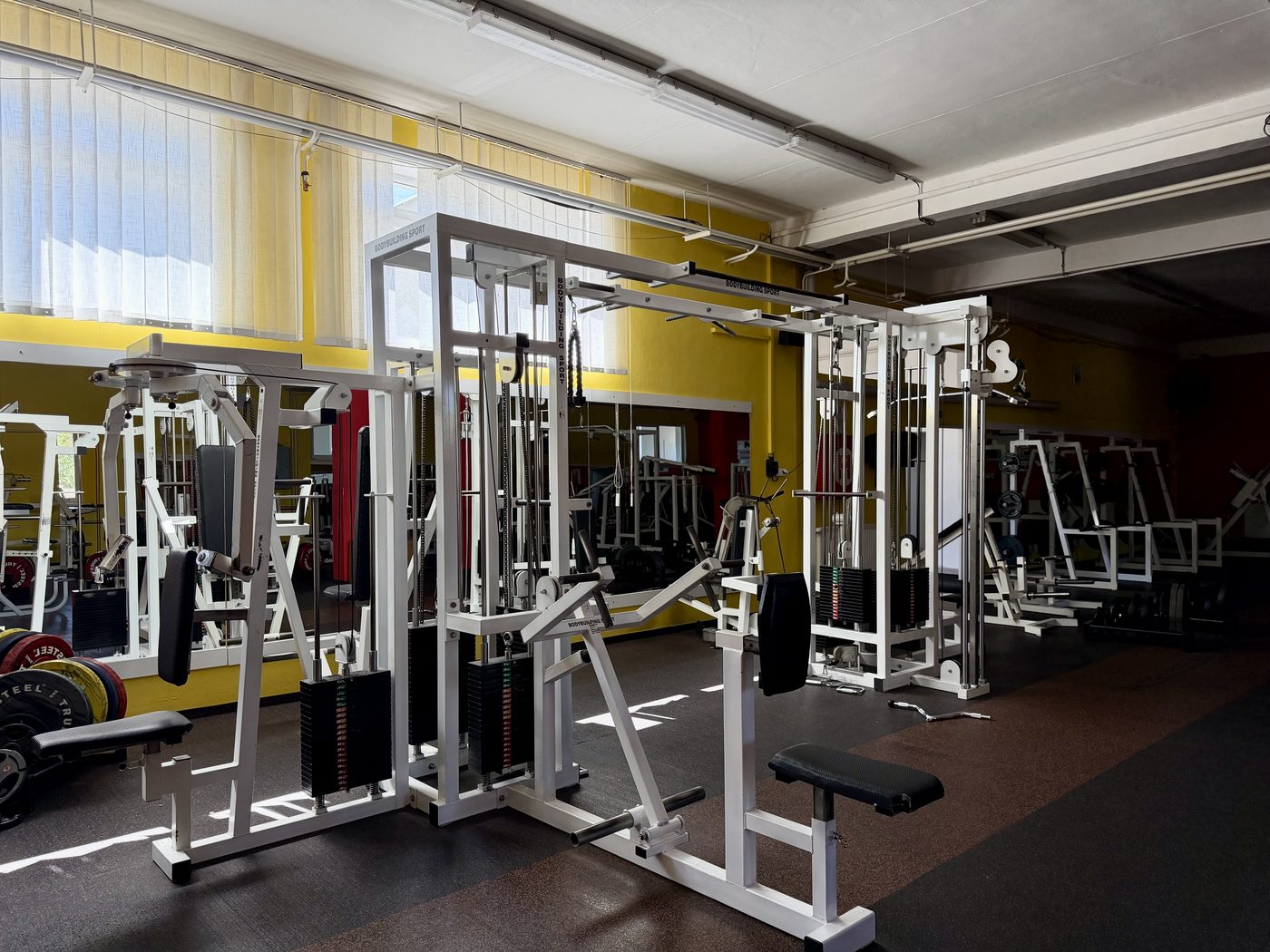 Posilňovňa Fitness clubu AQUA — oceľové stroje a stojany